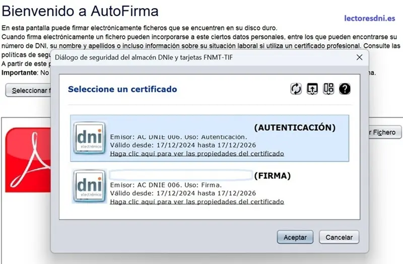 Seleccion certificado firma dni